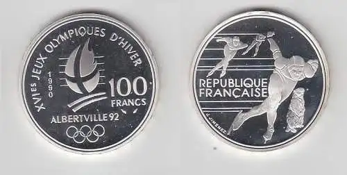 100 Franc Silbermünze Frankreich Olympia 1992 Albertville Eisschnellauf (116409)