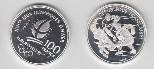 100 Franc Silber Münze Frankreich Olympia 1992 Albertville Eishockey (116547)