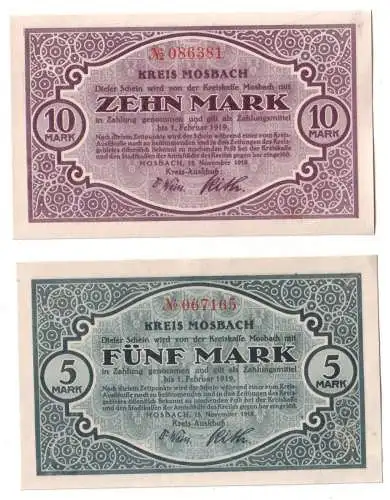 5 & 10 Mark Banknoten Notgeld Kreis Mosbach 15.11.1918 (110551)