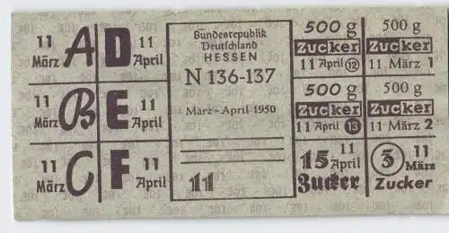 Alte Lebensmittelkarte BRD Hessen Zucker 1950 (129113)