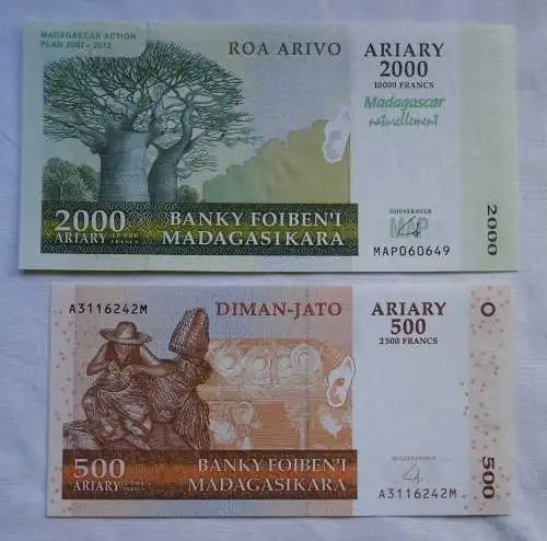 2 Banknoten 500 bis 2000 Ariary Madagskar Madagasikara kassenfrisch (118506)