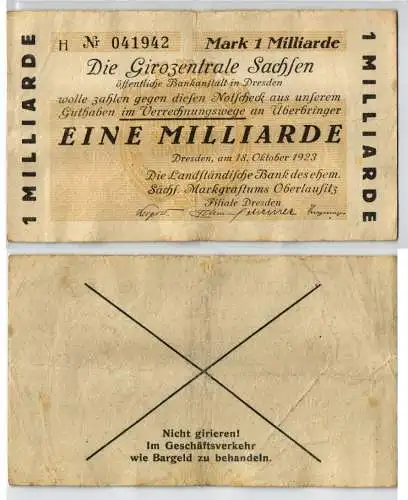 1 Milliarde Mark Banknote Girozentrale Sachsen Dresden 18.10.1923 (123529)