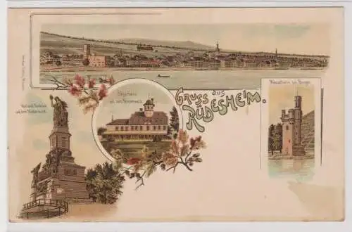 99638 Lithographie Ak Gruss aus Rüdesheim - National Denkmal, Mäusethurm um 1900