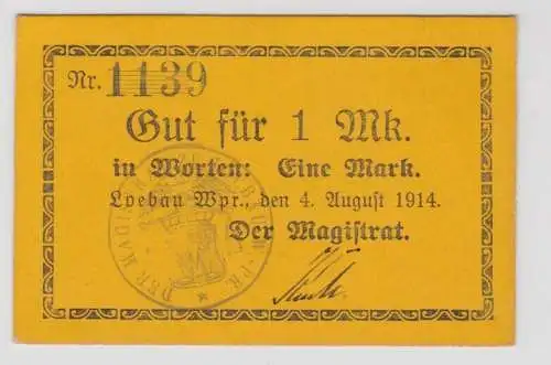 1 Mark Banknote Notgeld Löbau Westpreussen 4. August 1914 (136371)