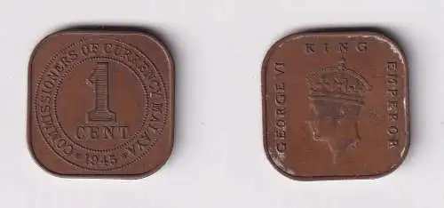 1 Cent Kupfer Münze Kommisarische Verwaltung Malaya 1945 vz (132170)