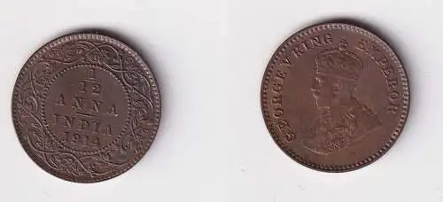 1/12 Anna Kupfer Münze Indien 1914 vz (159322)