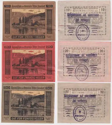 10, 20 und 50 Heller Banknoten Mitter Arnsdorf 1920 (168443)