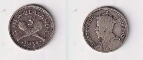 3 Pence Silber Münze Neuseeland 1934 ss (105875)