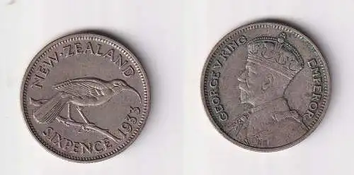 6 Pence Silber Münze Neuseeland 1933 ss+ (102016)