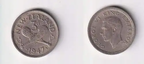 3 Pence Kupfer Nickel Münze Neuseeland 1947 ss+ (106015)