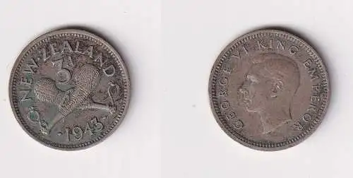 3 Pence Silber Münze Neuseeland 1943 ss (102091)