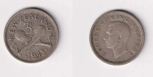 3 Pence Silber Münze Neuseeland 1943 ss (101723)