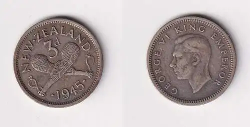 3 Pence Silber Münze Neuseeland 1945 ss+ (104966)