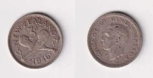 3 Pence Silber Münze Neuseeland 1946 ss+ (109235)