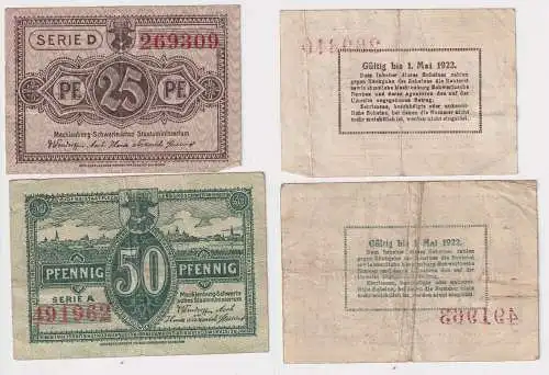 25 & 50 Pfennig Banknoten Notgeld Freistaat Mecklenburg Schwerin 1922 (168560)