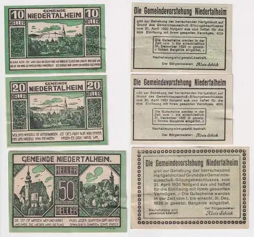 10, 20 und 50 Heller Banknoten Gemeinde Niedertalheim 1920 (168423)