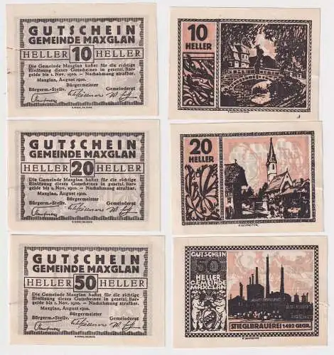 10, 20 und 50 Heller Banknoten Maxglan August 1920 (168461)