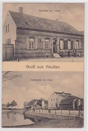 72364 AK Gruß aus Reußen - Bäckerei von Lutze, Dorfstraße mit Teich 1919