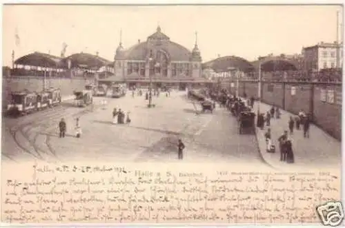 19612 Ak Halle Bahnhof mit Straßenbahn + Droschken 1902