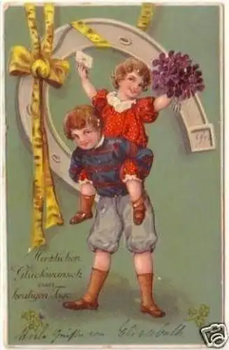 21209 Präge Ak 2 Kinder und großes Hufeisen 1910