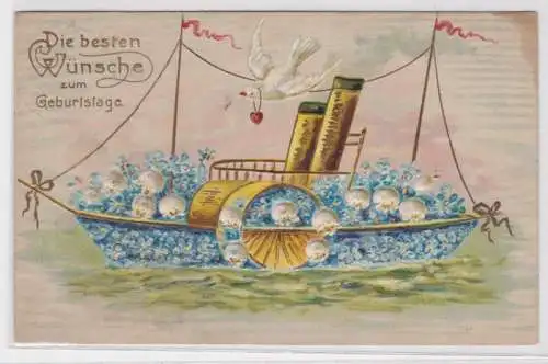 18334 Glückwunsch zum Geburtstag Ak geschmückter Dampfer und Brieftaube 1909