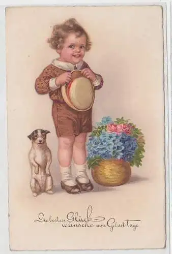 68153 Glückwunsch Ak Kind mit Hund und Blumenstrauß 1931