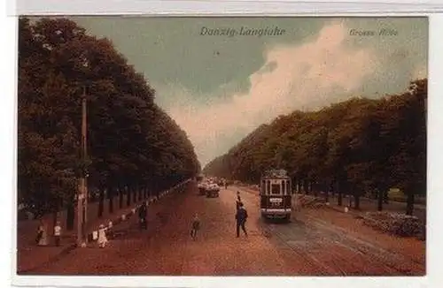 60038 Ak Danzig Langfuhr große Allee mit Strassenbahn um 1920