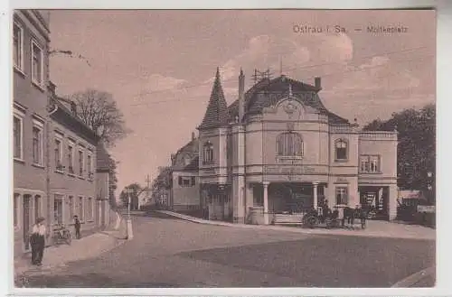 72731 Ak Ostrau i. Sa. Moltkeplatz mit Gasthof zum wilden Mann 1915