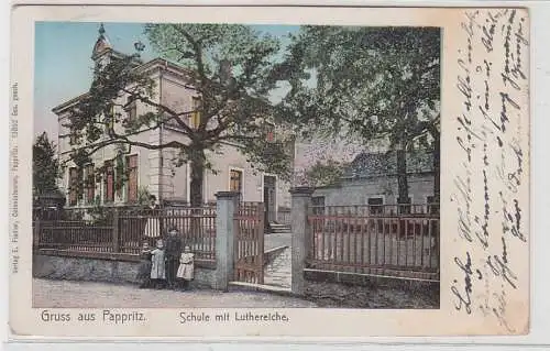 72970 Ak Gruß aus Pappritz Schule mit Luthereiche 1908