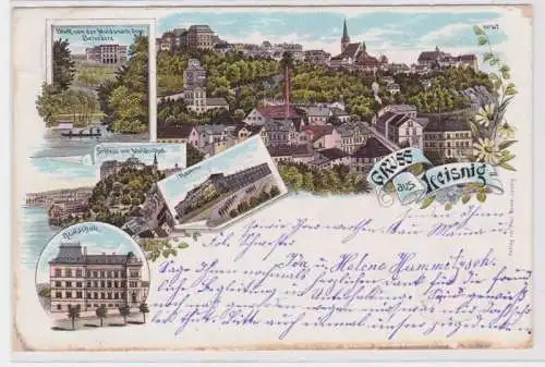 95290 Ak Lithographie Gruss aus Leisnig Realschule, Kaserne, Schloss usw. 1898