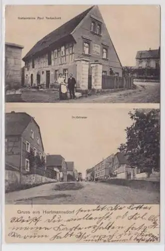 95687 AK Gruss aus Hartmannsdorf Restauration Paul Tschackert, Dorfstraße 1911