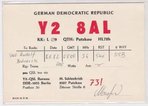 87077 QTH Funker Karte QSL Bureau M. Schlenkrich Putzkau 1982