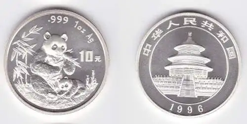 10 Yuan Silber Münze China Panda 1 Unze Feinsilber 1996 Stgl. (131166)