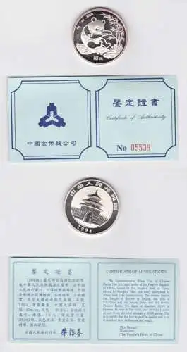 10 Yuan Silber Münze China Panda 1 Unze Feinsilber 1994 Stgl. Zertifikat /154229