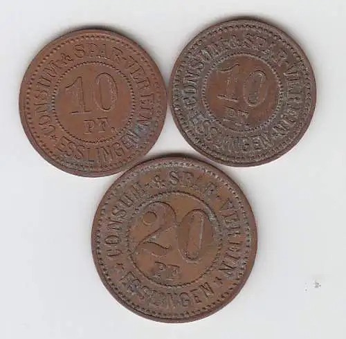 3 Bronze Münzen 2 x 10, 20 Pfennig Notgeld Consum Spar Verein Esslingen um 1920