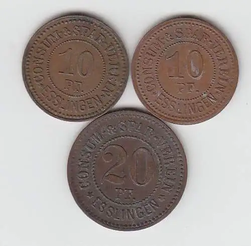 3 Bronze Münzen 2 x 10, 20 Pfennig Notgeld Consum Spar Verein Esslingen um 1920