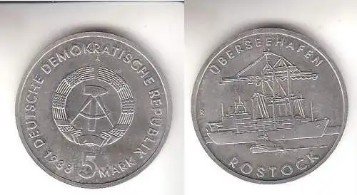 DDR Gedenk Münze 5 Mark Überseehafen Rostock 1988 (111051)