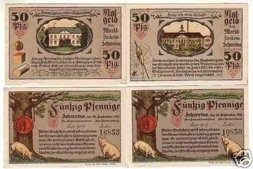 4 Banknoten Notgeld der Marktfleckens Schweina 1921