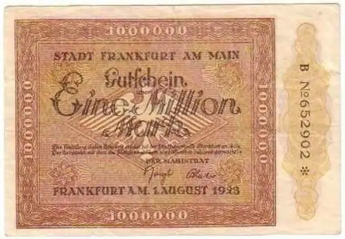 Banknote Inflation 1 Mill. Mark Frankfurt a.M 1.08.1923