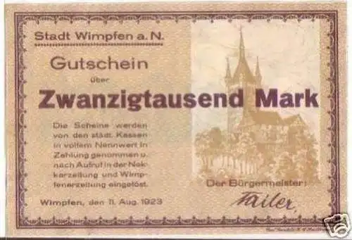 Banknote 20000 Mark Inflation Stadt Wimpfen 1923