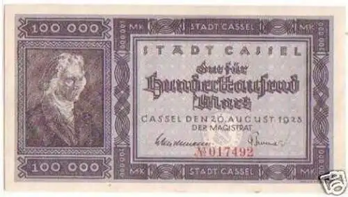 Banknote Inflation 100000 Mark Cassel 20.08.1923