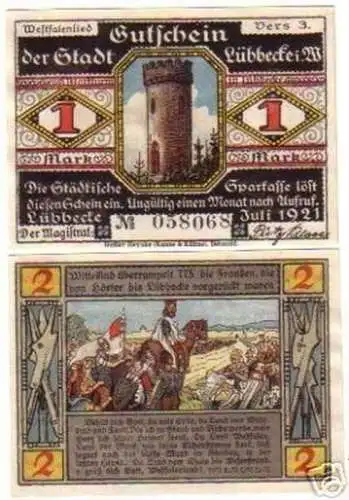 2 Banknoten Notgeld der Stadt Lübbecke in W. 1921