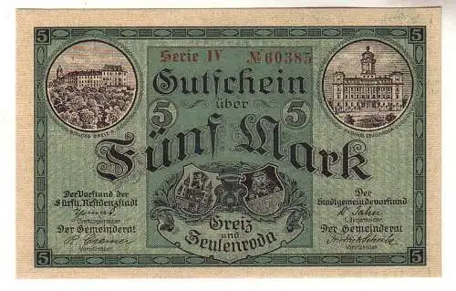 5 Mark Banknote Groß-Notgeld der Städte Greiz Zeulenroda 1918