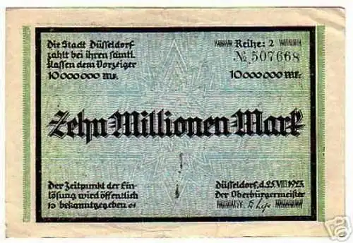 Rare Banknote Inflation 10 Millionen Mk Düsseldorf 1923