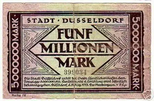 rare Banknote Inflation 5 Millionen Mark Düsseldorf1923