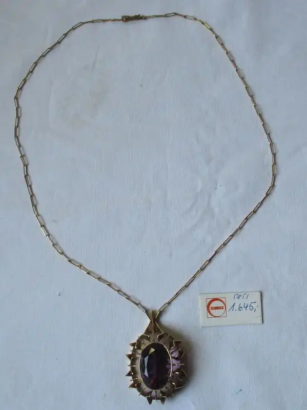charmante 585er Gold Kette Handarbeit mit riesigem Amethyst Anhänger (125436) 0