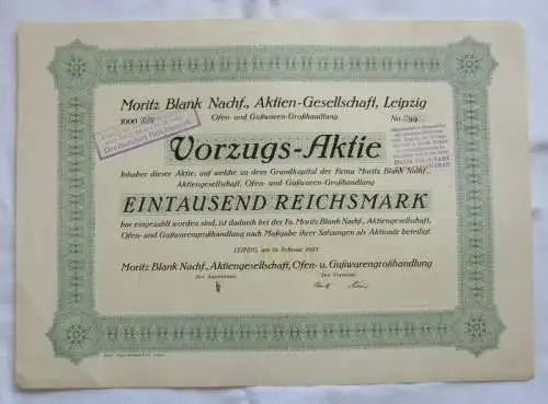 1.000 RM Aktie Moritz Blank Nachf. AG Leipzig 19.02.1925 (146921)