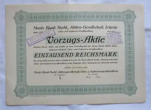 1.000 RM Aktie Moritz Blank Nachf. AG Leipzig 19.02.1925 (146937)