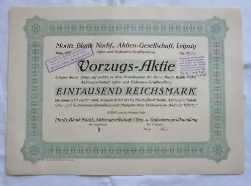 1.000 RM Aktie Moritz Blank Nachf. AG Leipzig 19.02.1925 (146950)