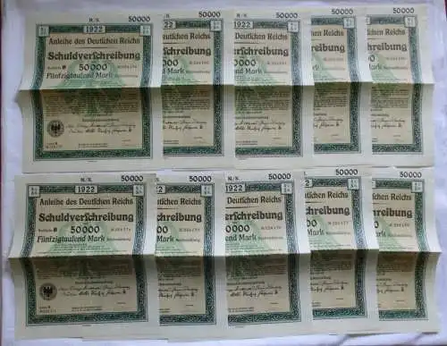 10x 50.000 Mark Aktie Schuldverschreibung deutsches Reich Berlin 1922 (129678)